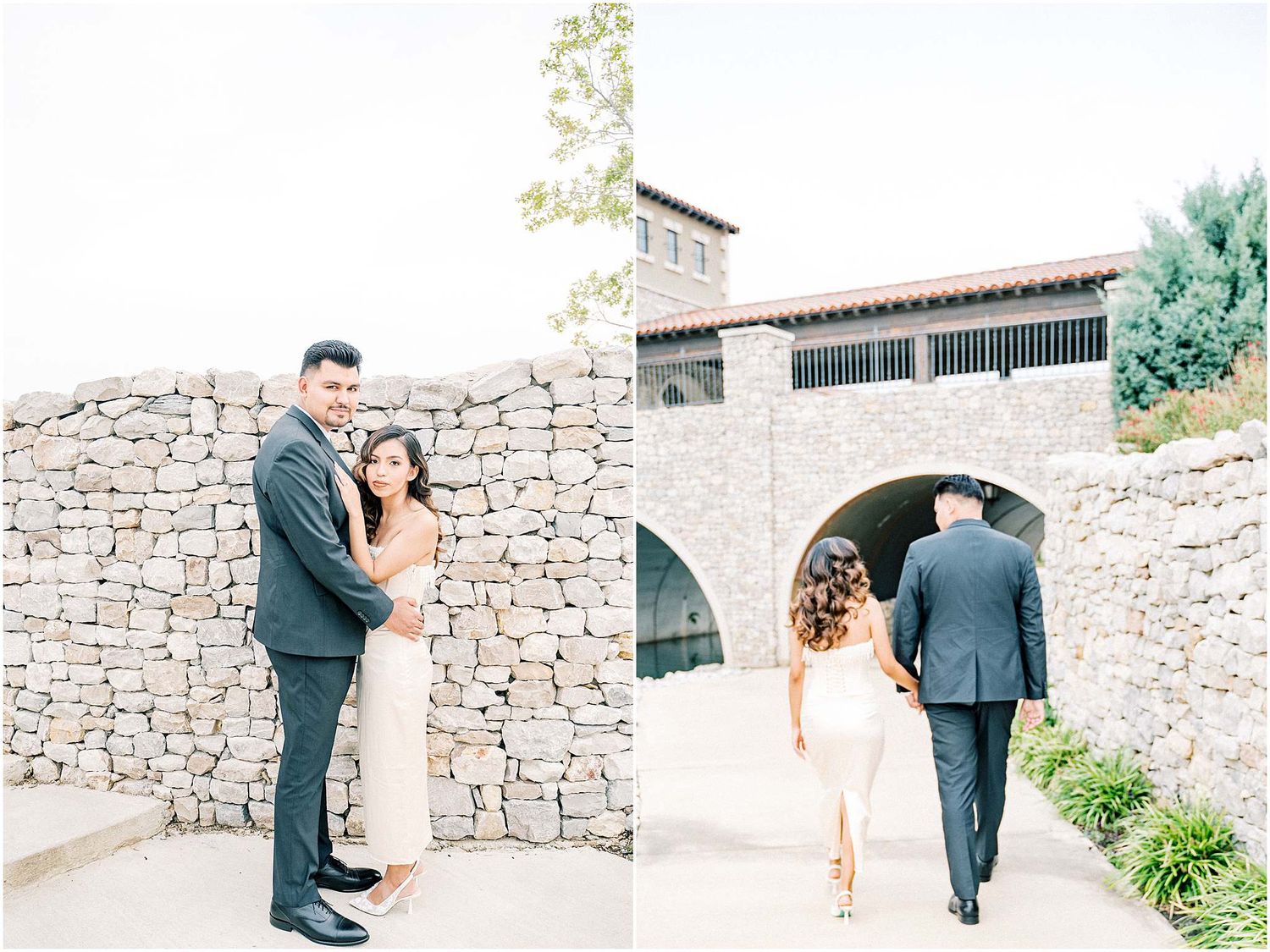 A romantic wedding photo series showing a couple walking along a stone wall pathway in a garden setting.