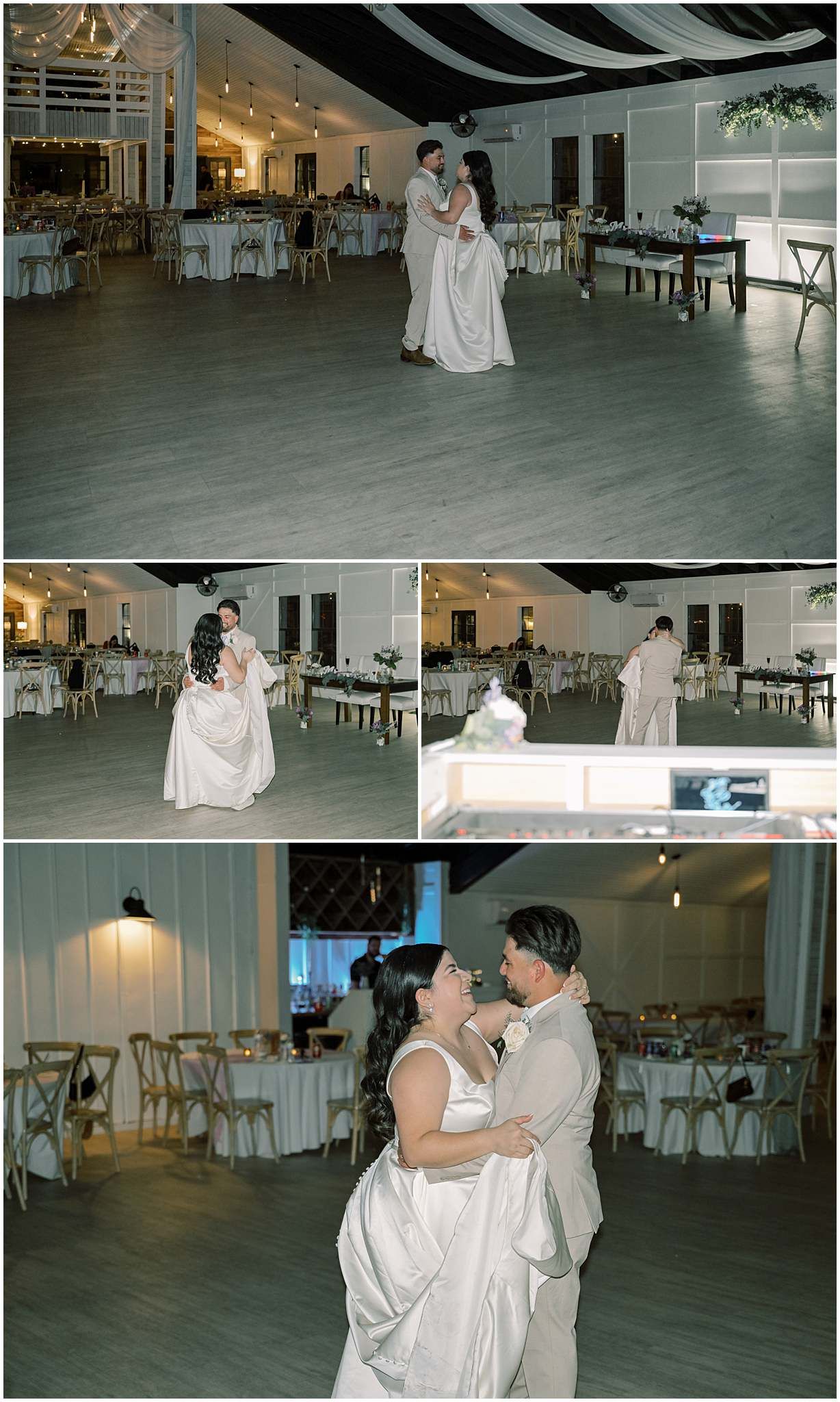 Wedding reception dance floor moments captured in a modern venue with white decor.
