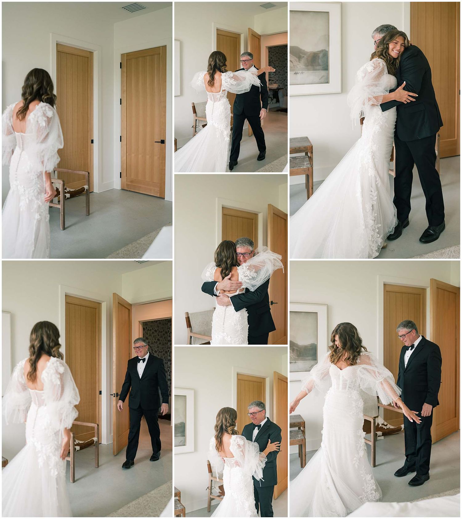 A series of intimate wedding moments captured in a hallway showing tender interactions between the couple.