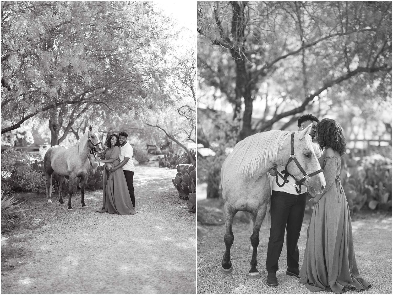 Black and white engagement photos of a couple with their horse in a serene outdoor location.