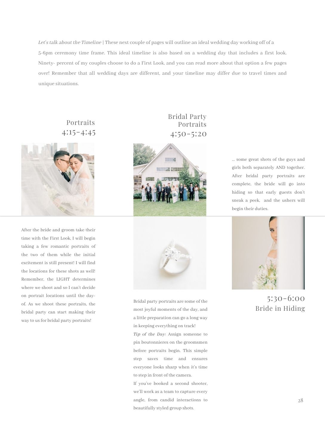 A wedding photography timeline guide showing bridal party portraits and ceremony schedule with elegant text layout.