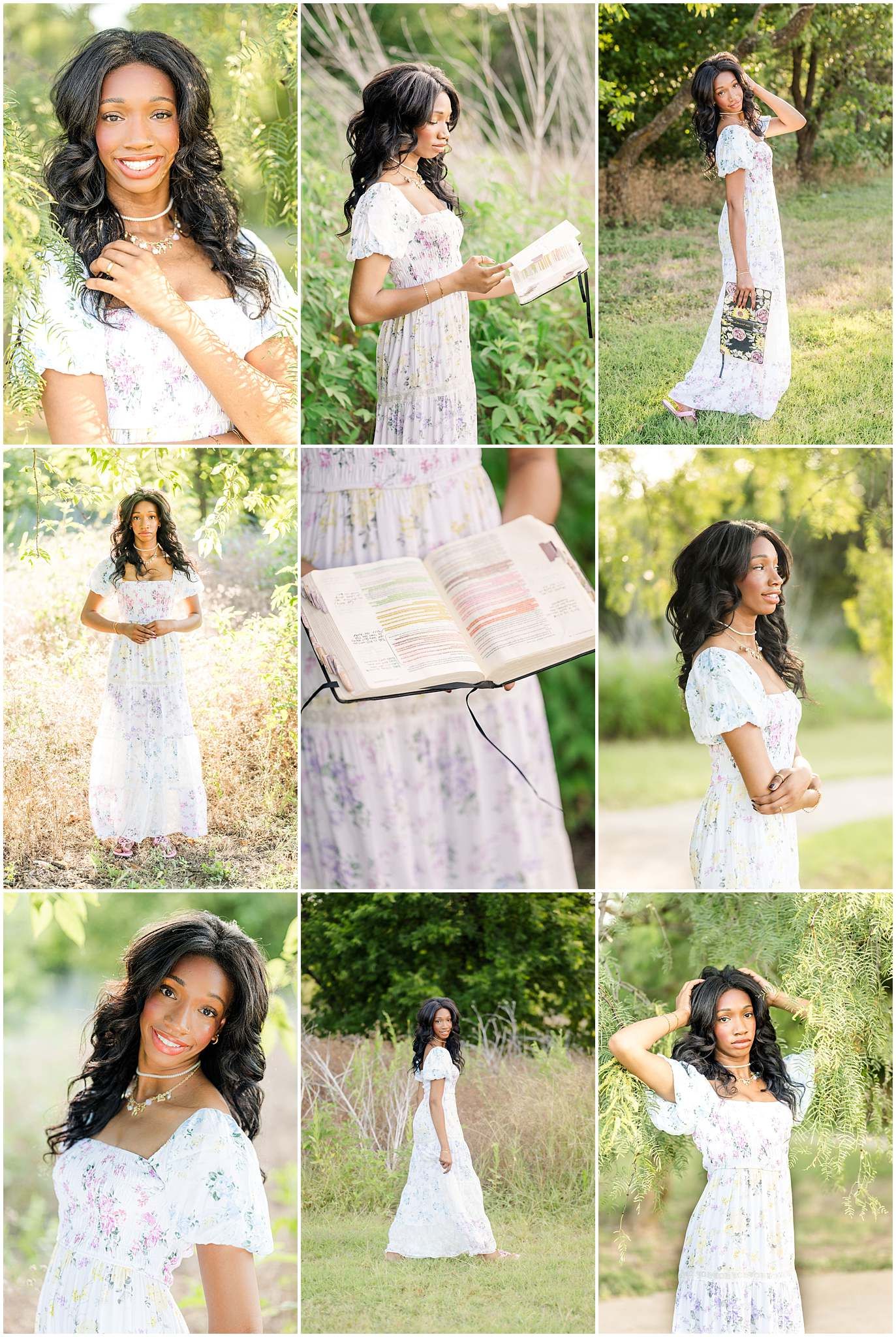 Young Black woman in floral maxi dress poses outdoors in lush green setting, holding a Bible in multiple portrait shots.