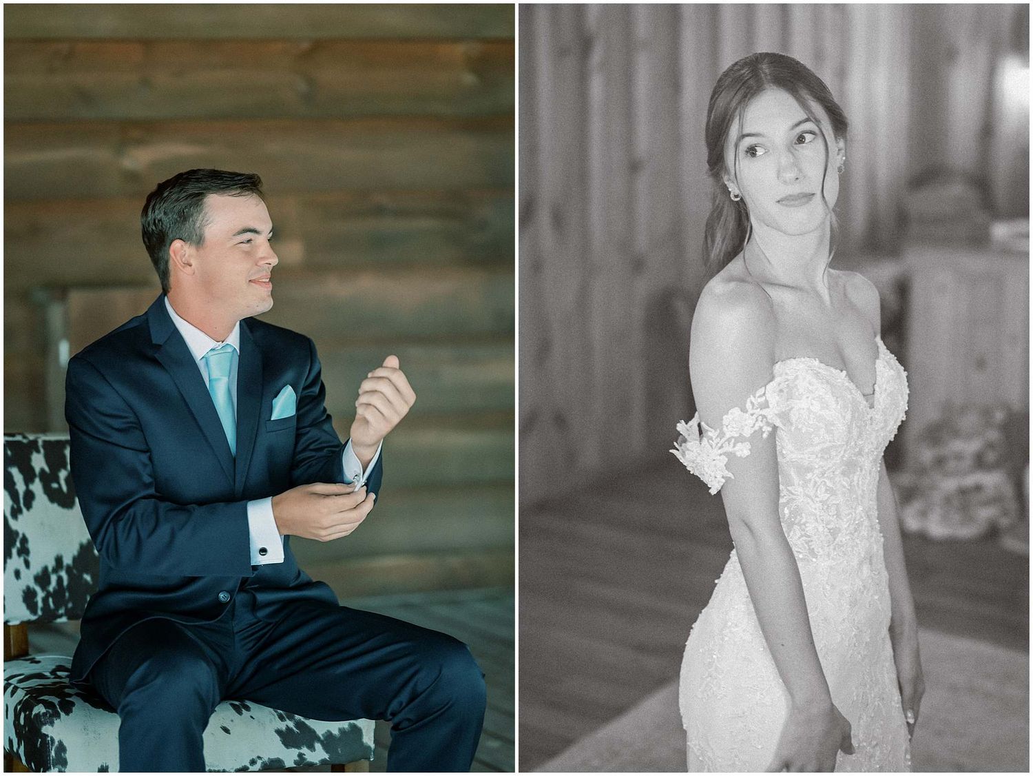 Wedding day portraits showing elegant formal attire and romantic poses.