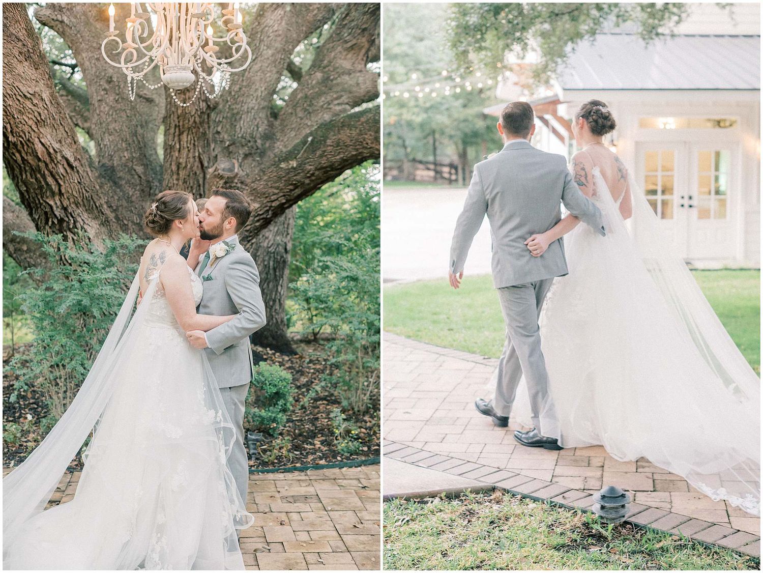 A romantic wedding couple shares tender moments in a garden setting with elegant white and gray attire.