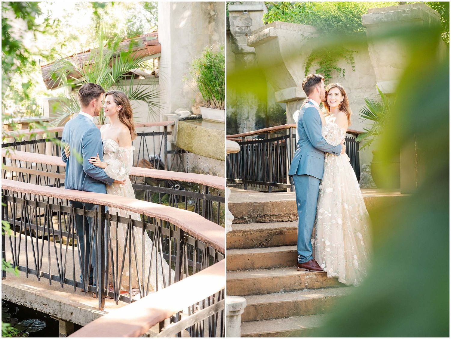 Romantic wedding photos taken on stone staircase with lush greenery and iron railings.
