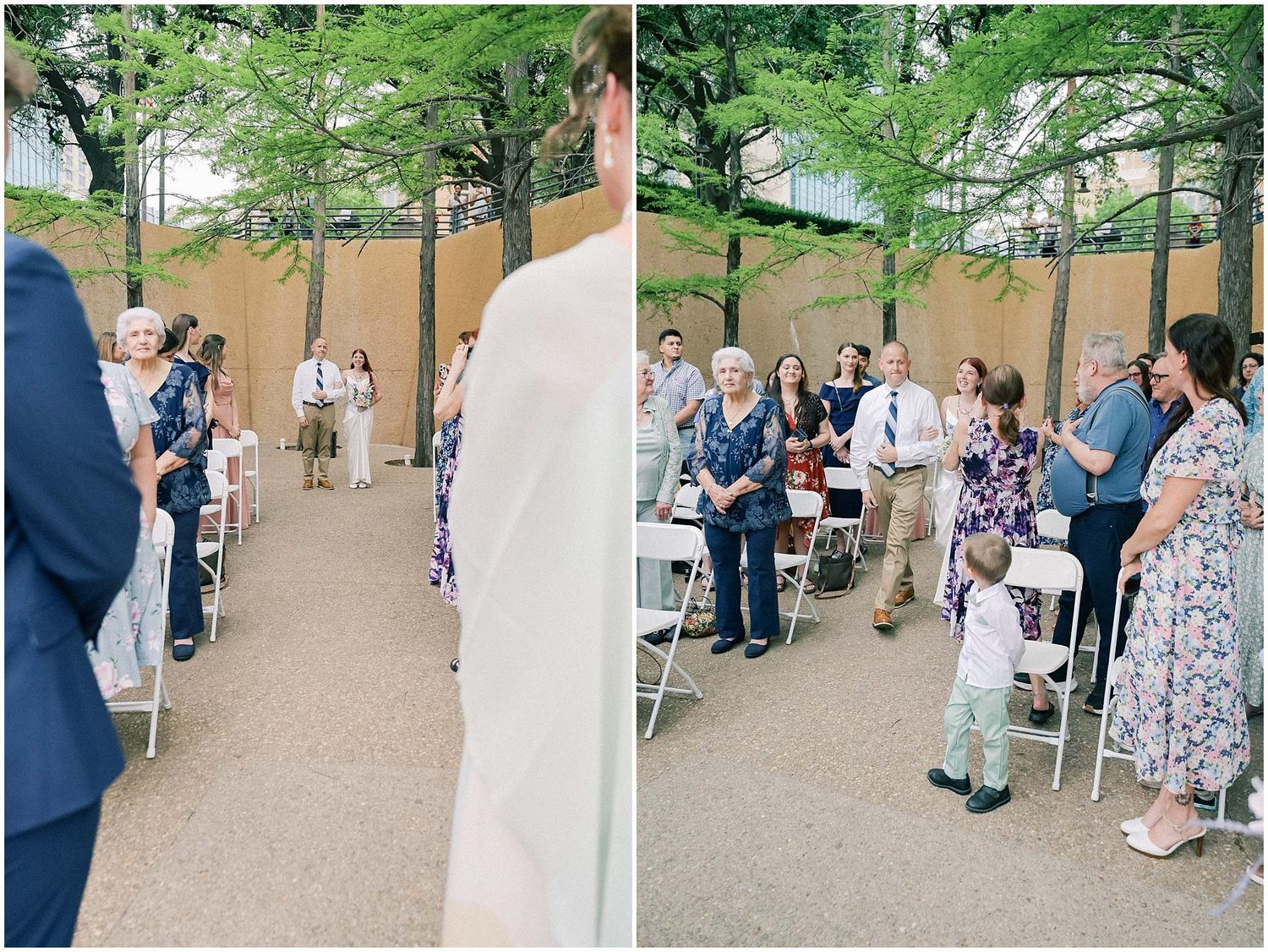 Outdoor gathering space with trees and stone pathways where people are mingling.