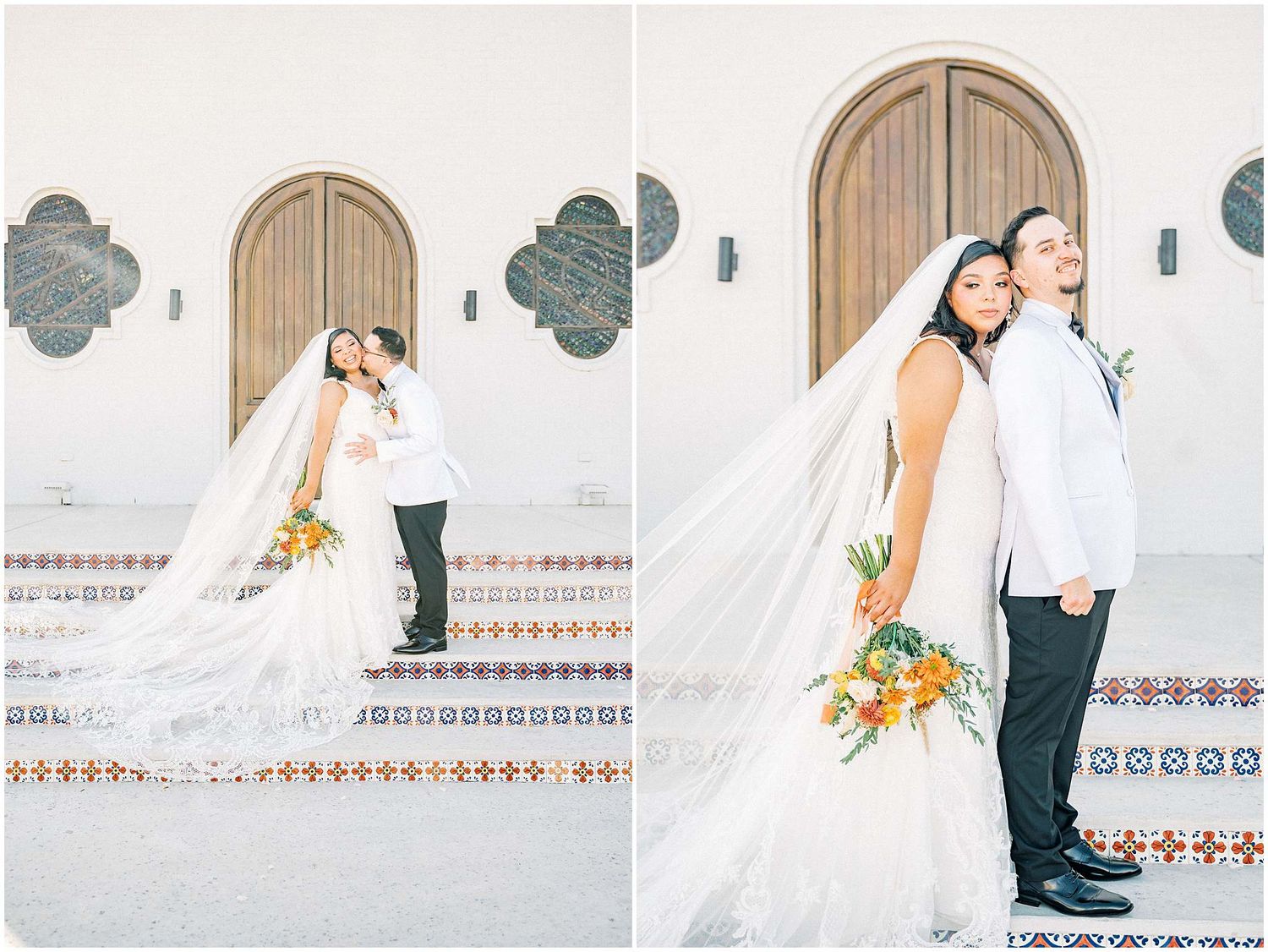 Wedding couple poses on decorative tile steps against white Spanish-style architecture.