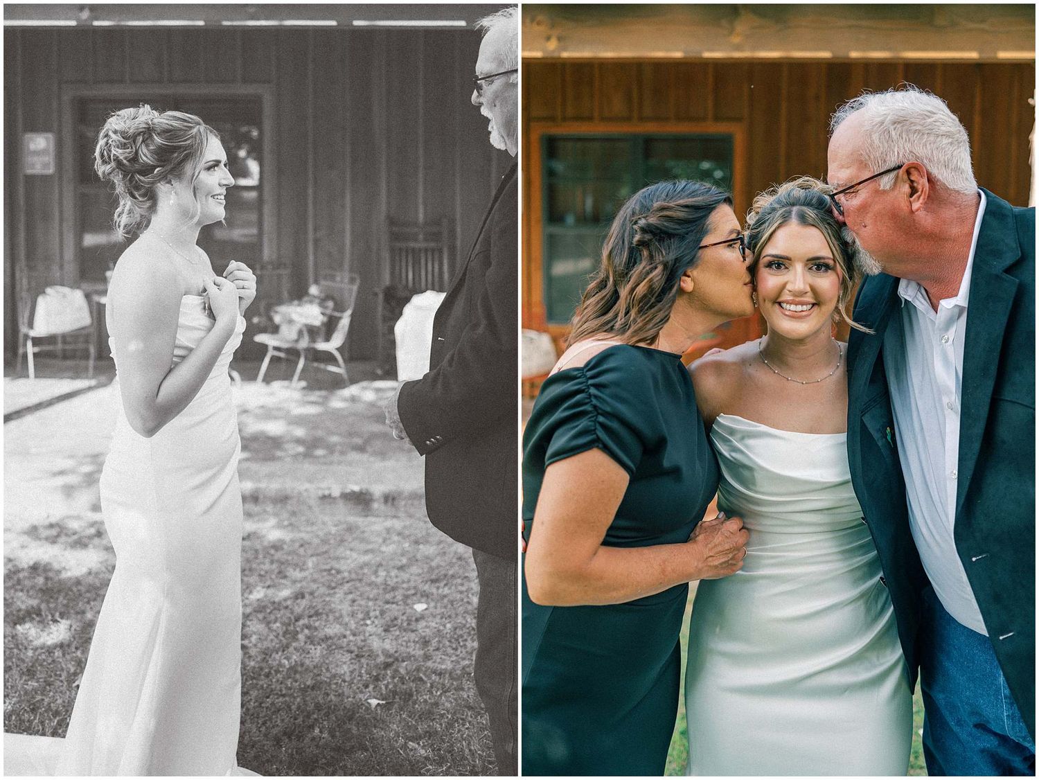 Wedding party members share joyful moments in a mix of color and black and white photographs.