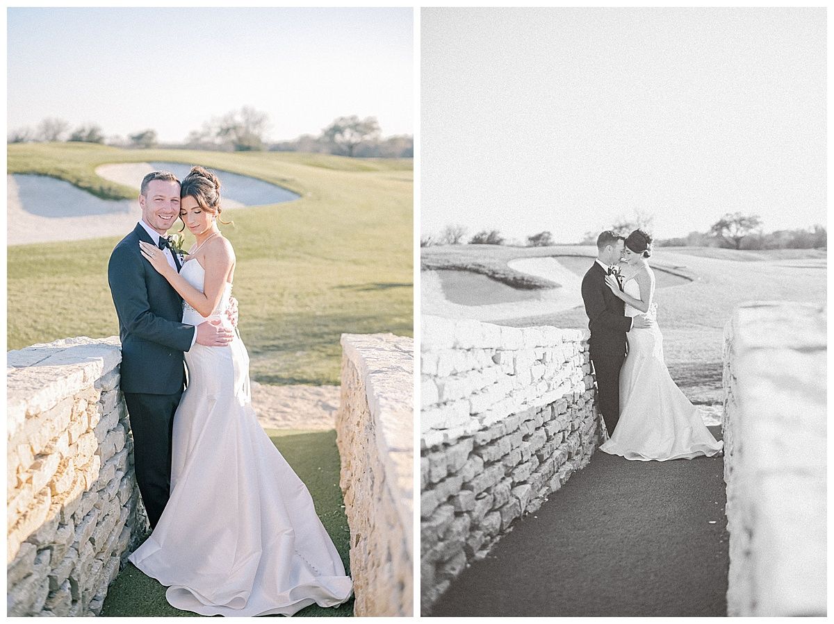 Black and white wedding photos captured along stone wall pathway.