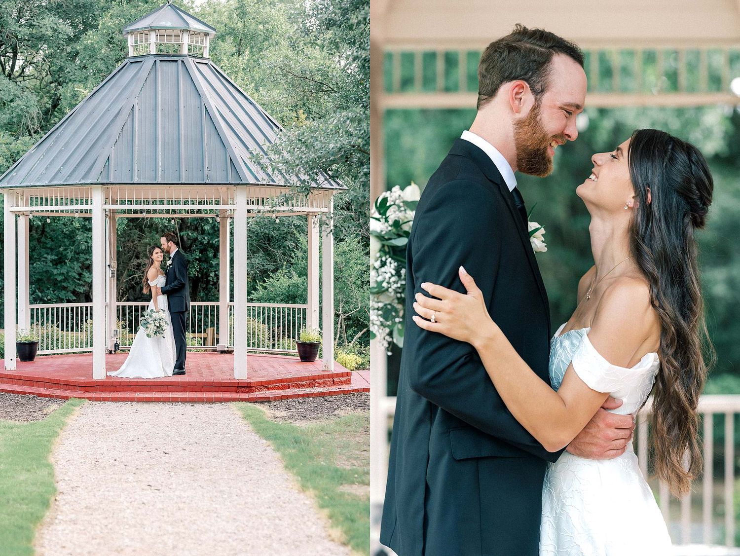 Newlyweds share tender moments under an elegant octagonal gazebo with metal roof.
