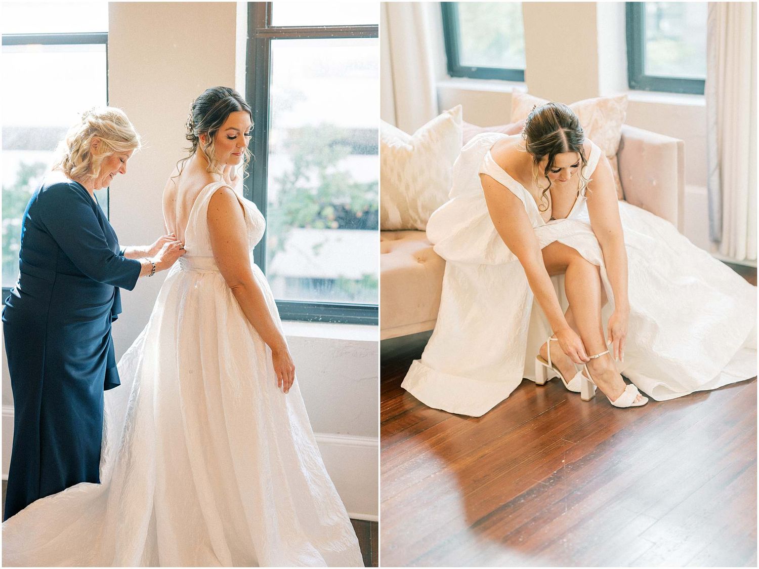 Wedding dress fitting and preparation moments captured in sunlit room.