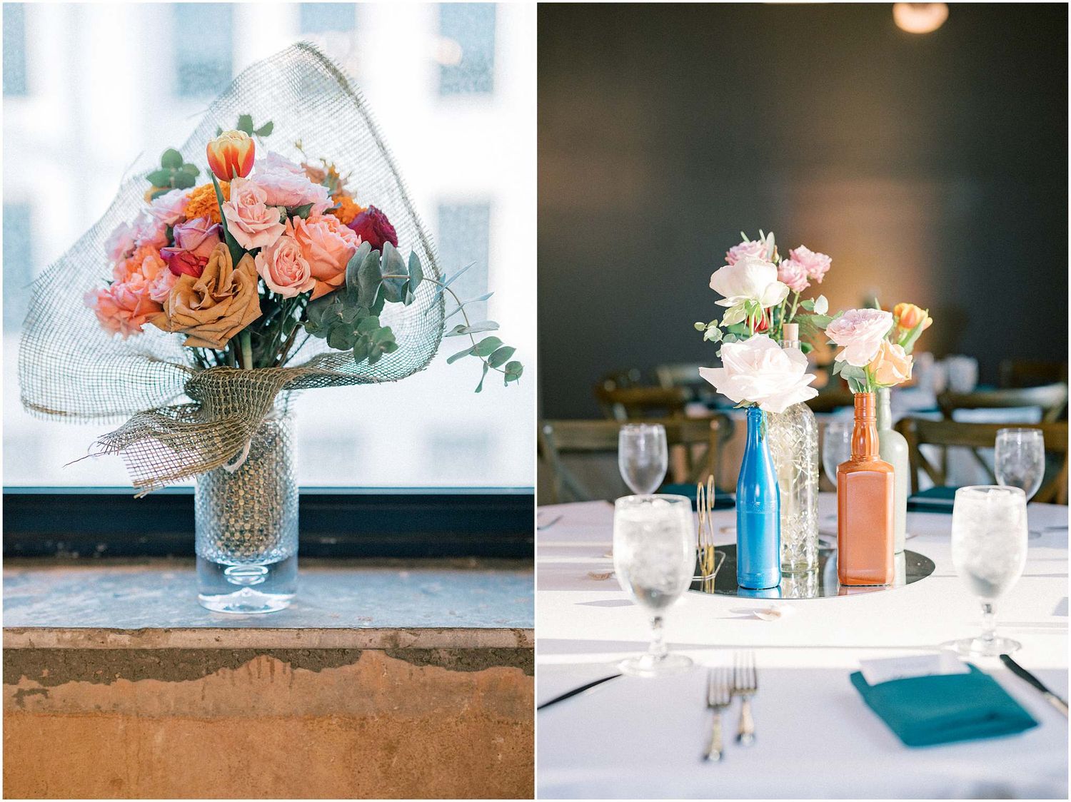 Two floral centerpiece arrangements featuring coral roses in mason jars on rustic tables.