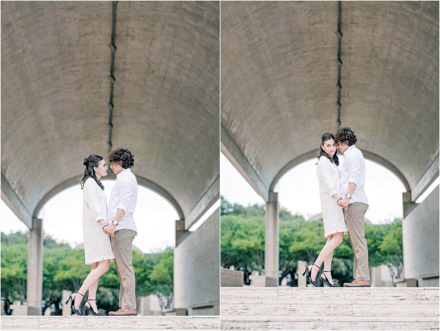 Series of engagement photos capturing tender moments between a couple under concrete architecture.