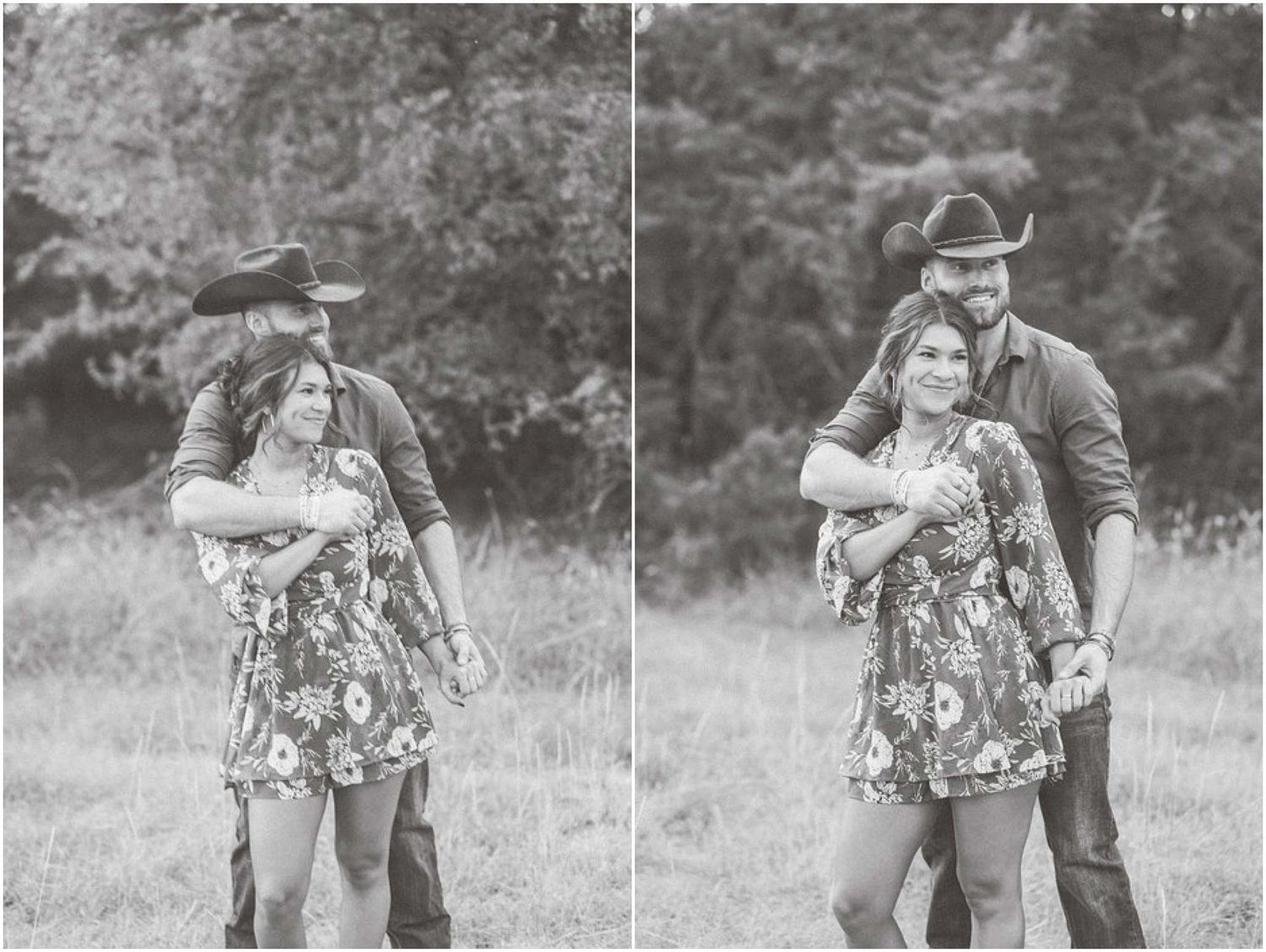 Black and white sequence showing romantic dance moves in a field.