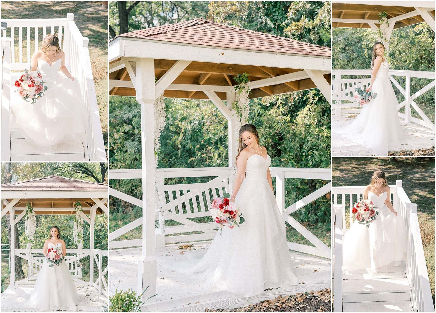 Wedding photo collage featuring outdoor gazebo shots and natural garden backgrounds.