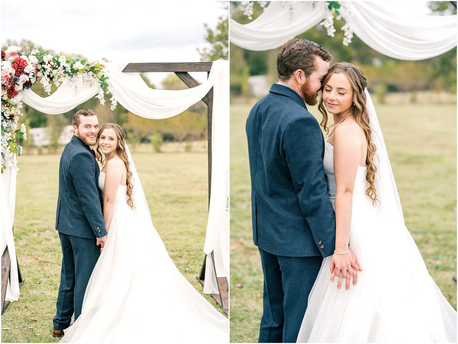 Elegant wedding couple shares intimate moments in outdoor garden setting.