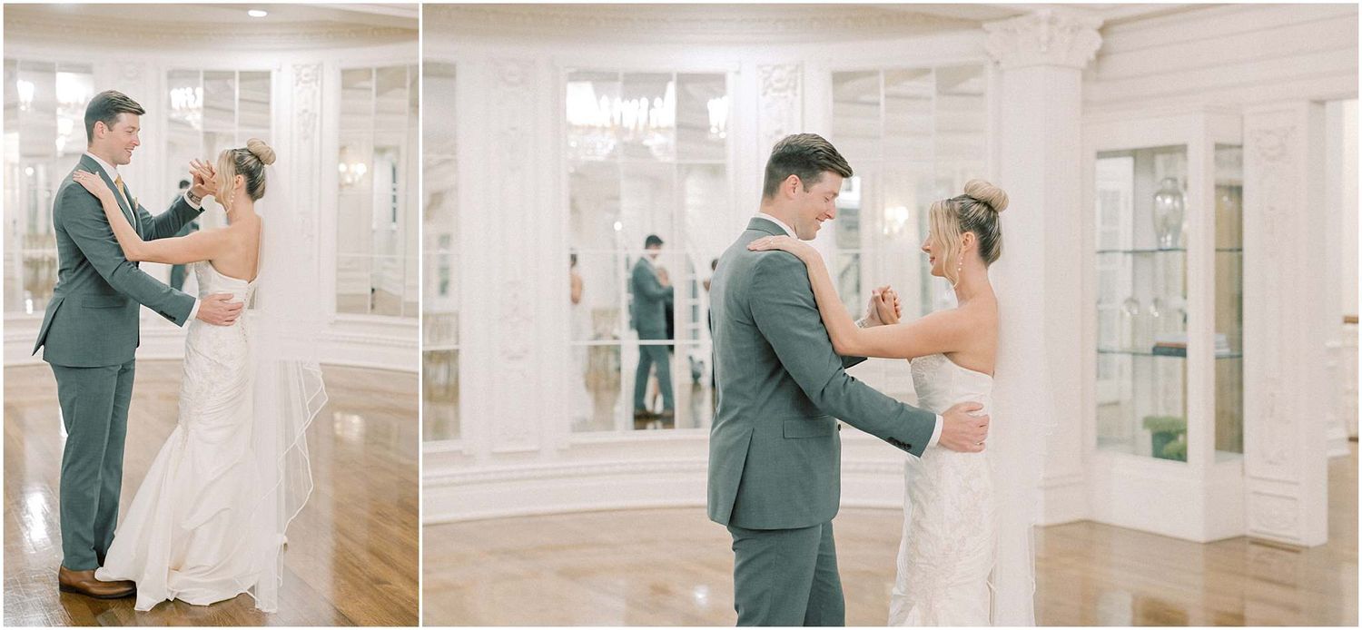 First dance moments captured in bright ballroom with mirrored walls and hardwood floors.