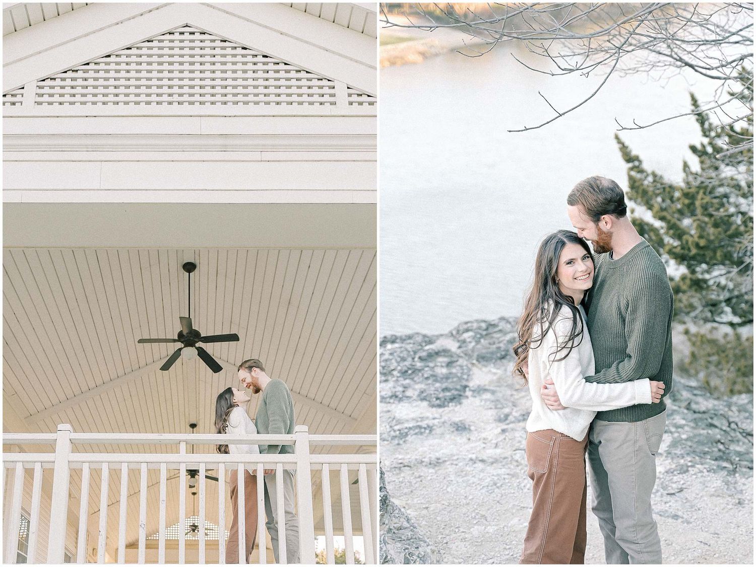A romantic couple embraces on a white porch and in a snowy winter setting.