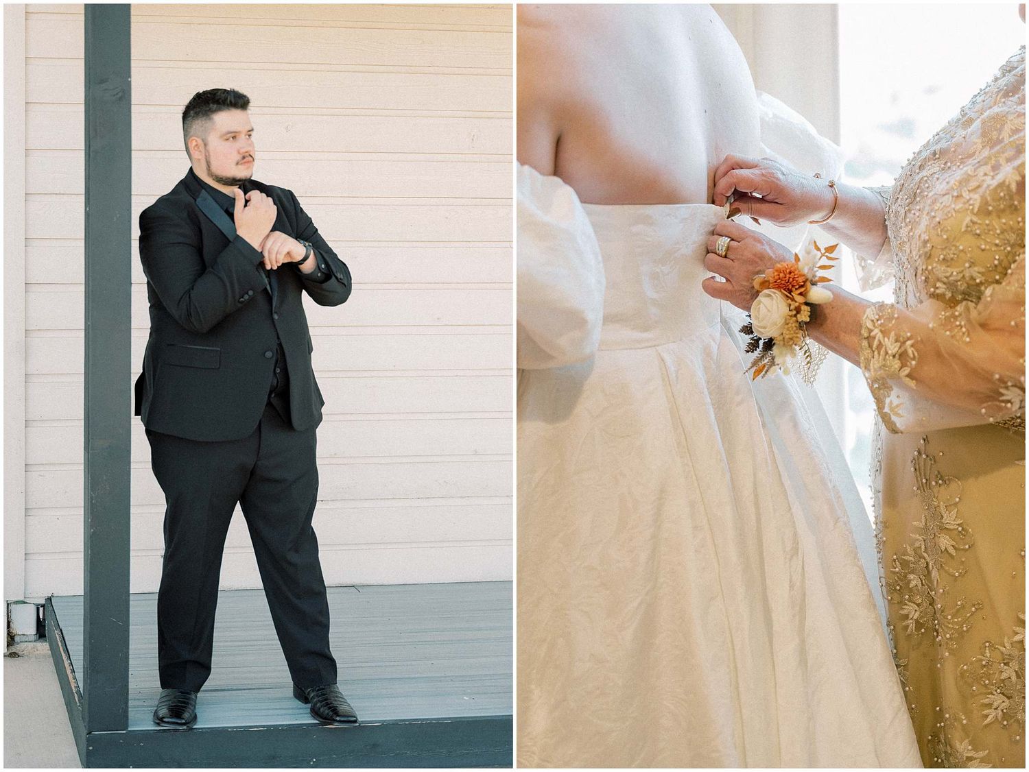 A series of wedding photos showing intimate moments between a couple in formal attire against light colored walls.
