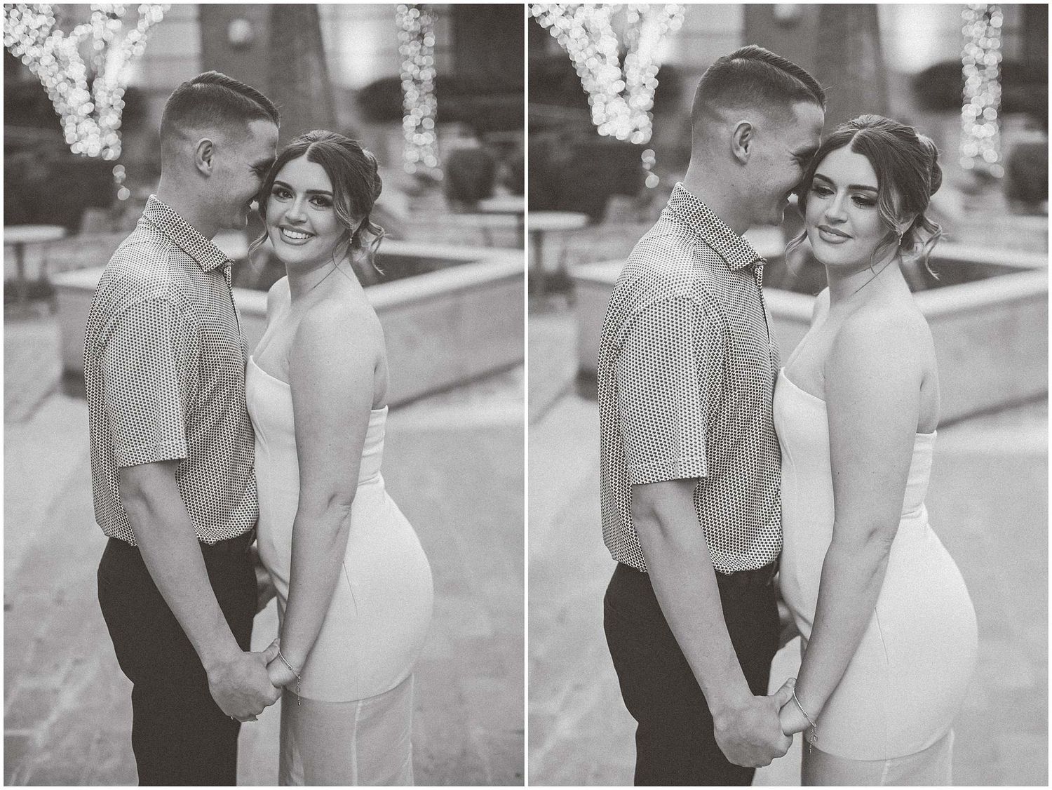 A black and white diptych of a couple sharing a romantic moment outdoors in vintage-inspired attire.