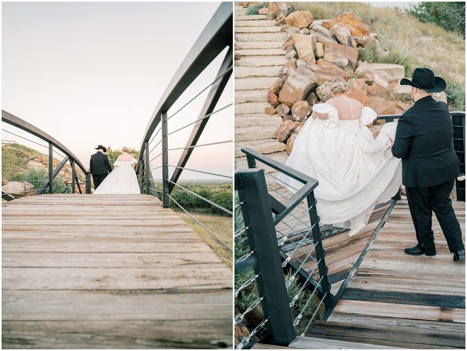 Wedding couple dances and embraces on rustic wooden walkway surrounded by natural landscape.