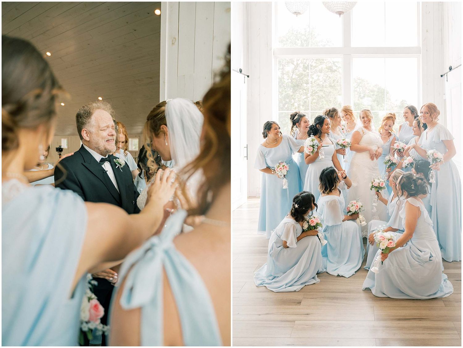 Bridesmaids in flowing light blue dresses gather together in a candid moment during a wedding celebration.