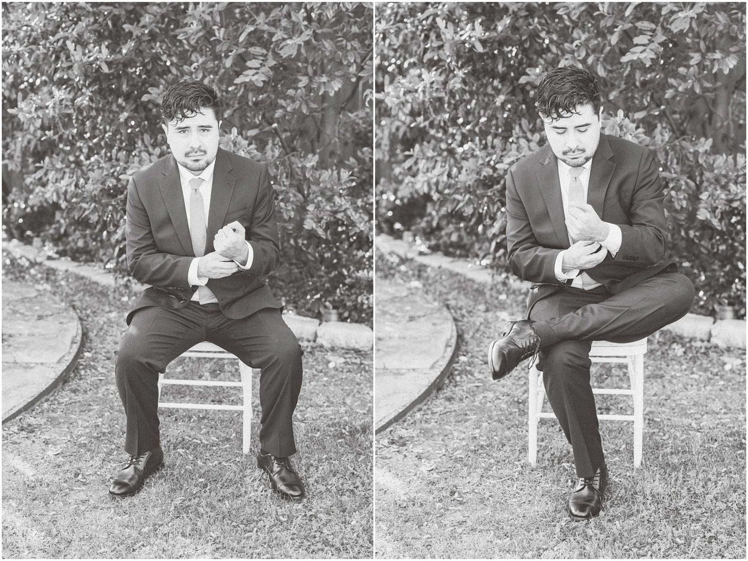 Black and white photo showing two poses of a person sitting on a small chair outdoors.