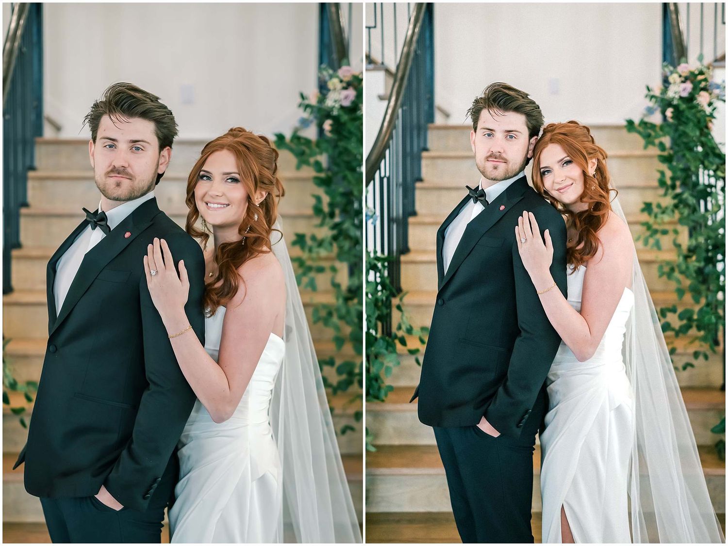 A romantic wedding photoshoot sequence showing a couple posing together against a light colored wall with greenery.