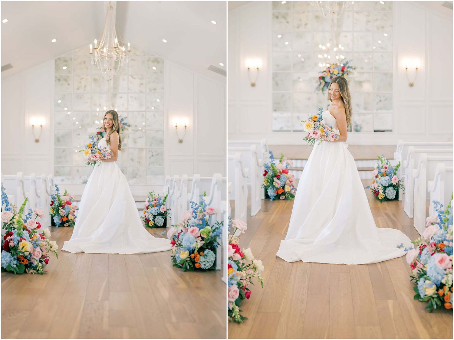 Bride in white gown holding colorful bouquet in elegant chapel with floral arrangements and chandelier.