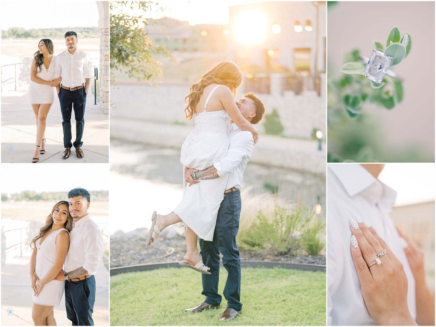 Romantic engagement photo collage featuring a couple in white outfits at golden hour, with close-ups of a ring and tender embrace.