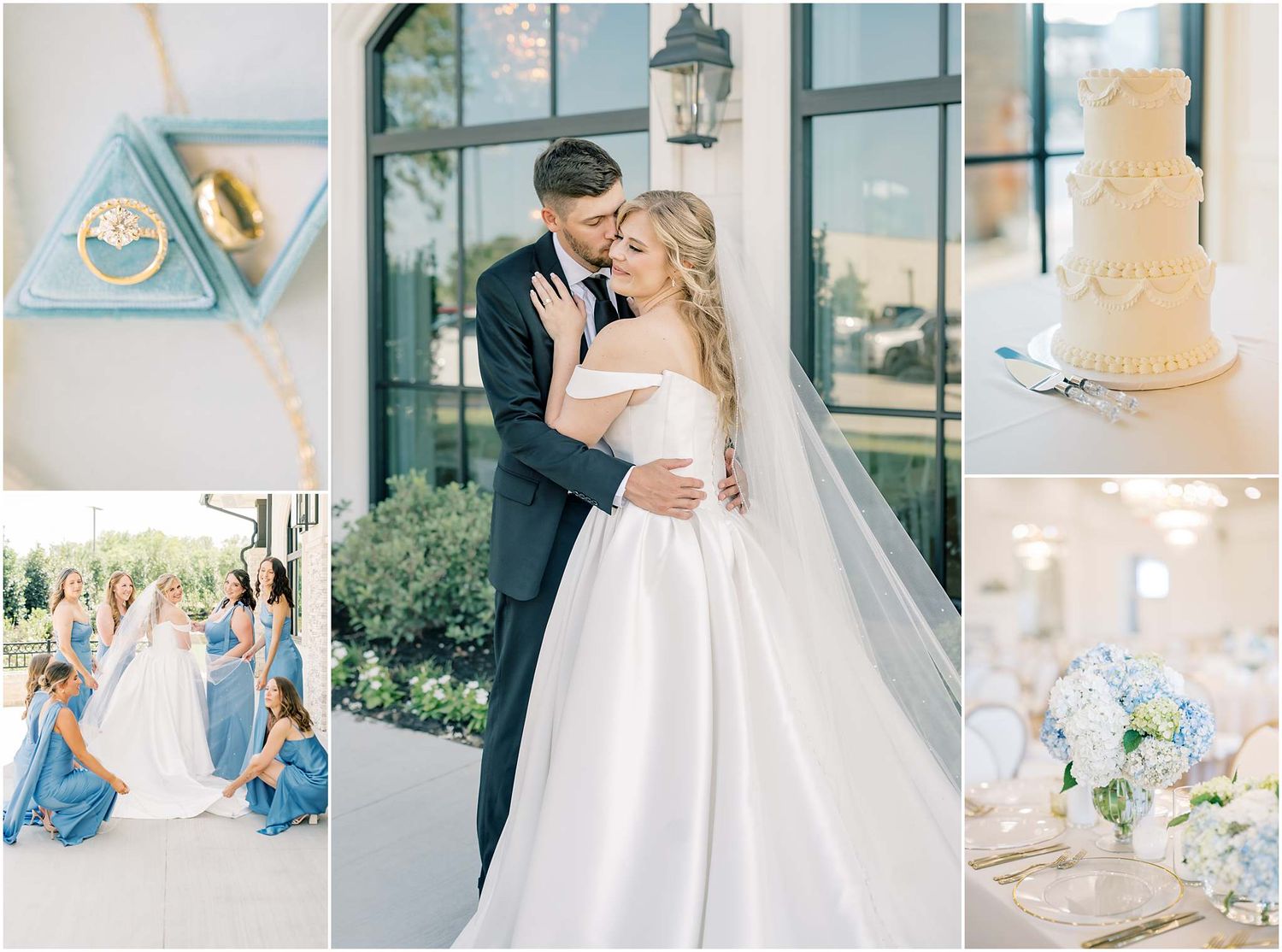 Elegant wedding collage featuring bride and groom embrace, blue bridesmaid dresses, white tiered cake, floral decor, and diamond ring.