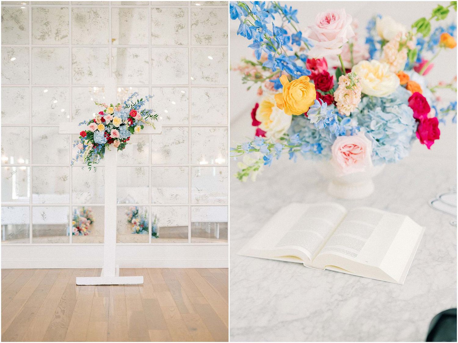 Colorful floral arrangements with blue hydrangeas, pink roses, and yellow blooms displayed on a white pedestal and marble table.
