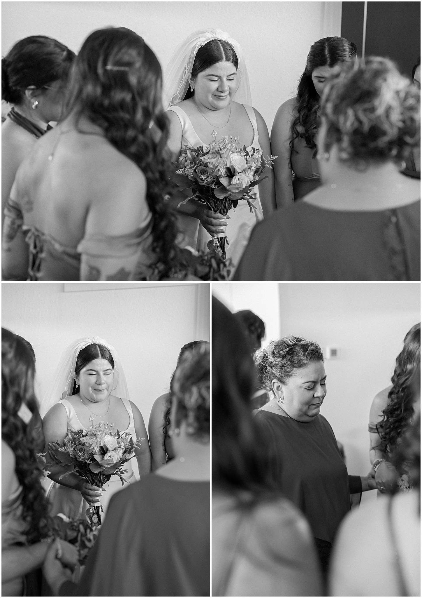 Candid black and white photos showing joyful interactions between wedding party members.