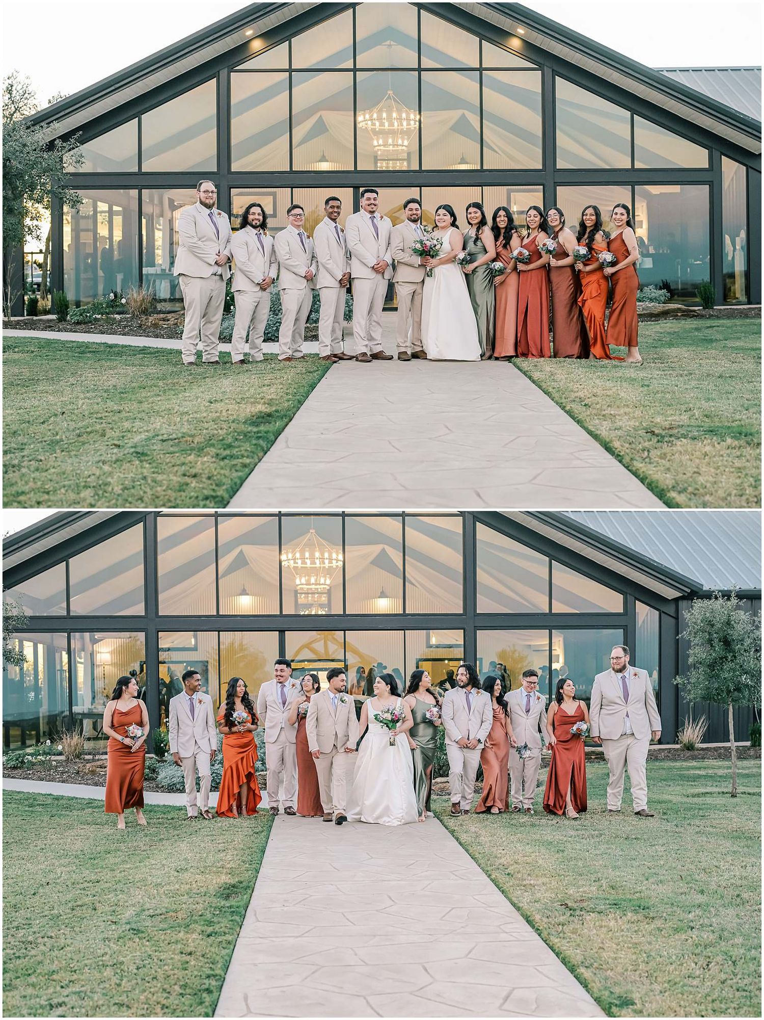 Modern glass wedding venue with wedding party lined up outside in formal attire.