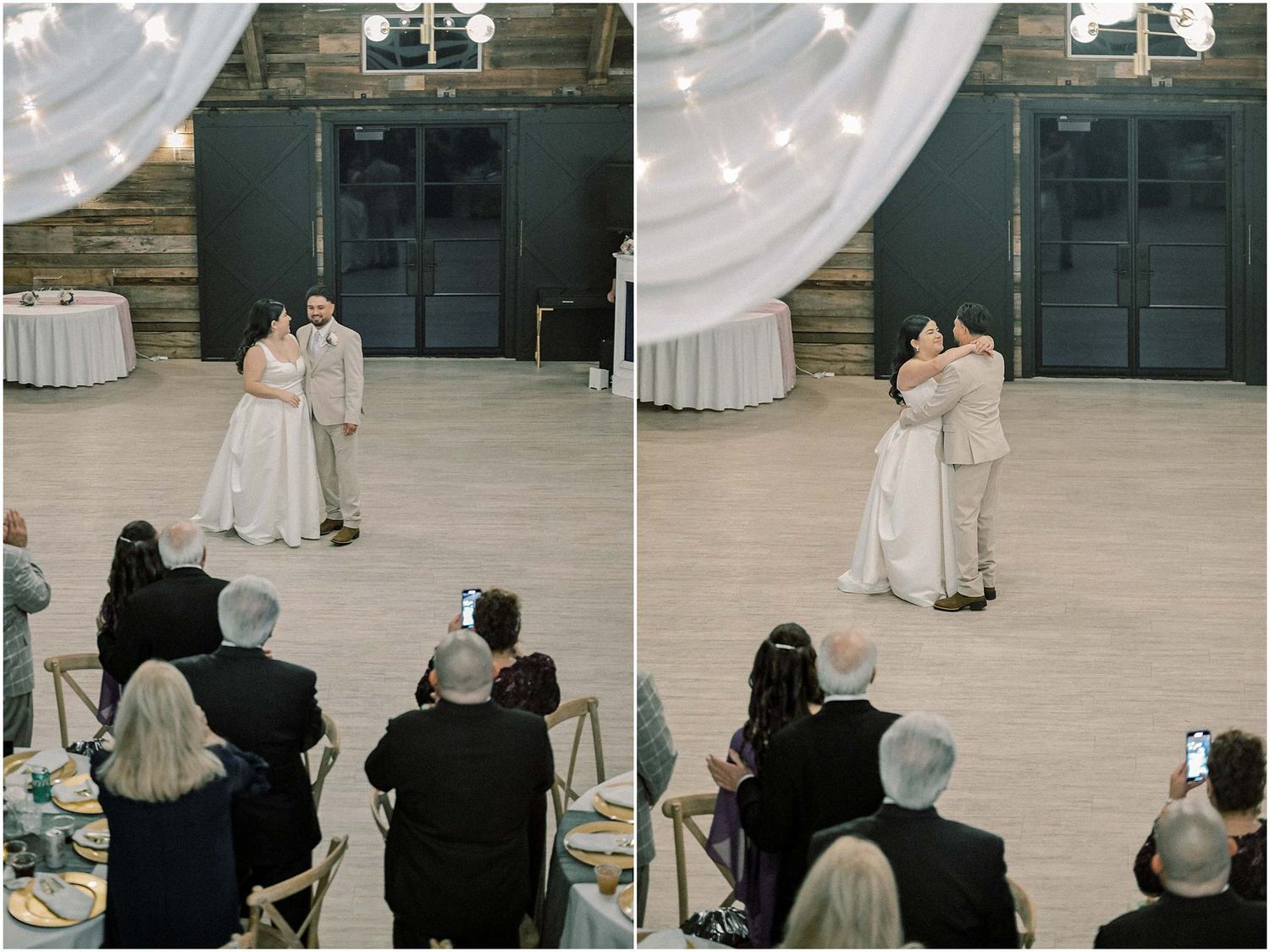 Couple dancing during their first dance at wedding reception with string lights overhead.