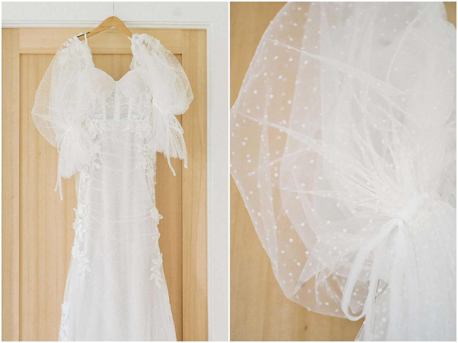 Delicate white wedding dress with lace details and tulle veil displayed.