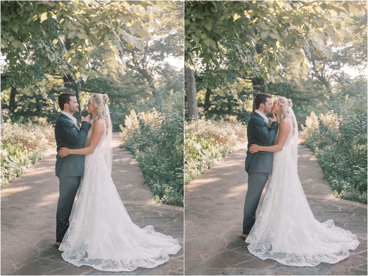 Romantic outdoor wedding portraits taken on a garden path under dappled sunlight.