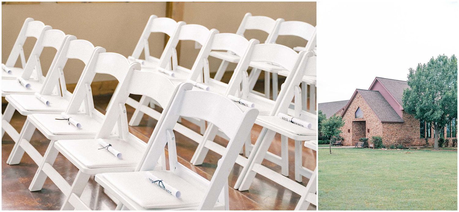 White chairs arranged in rows for an outdoor wedding ceremony with green lawn in background.