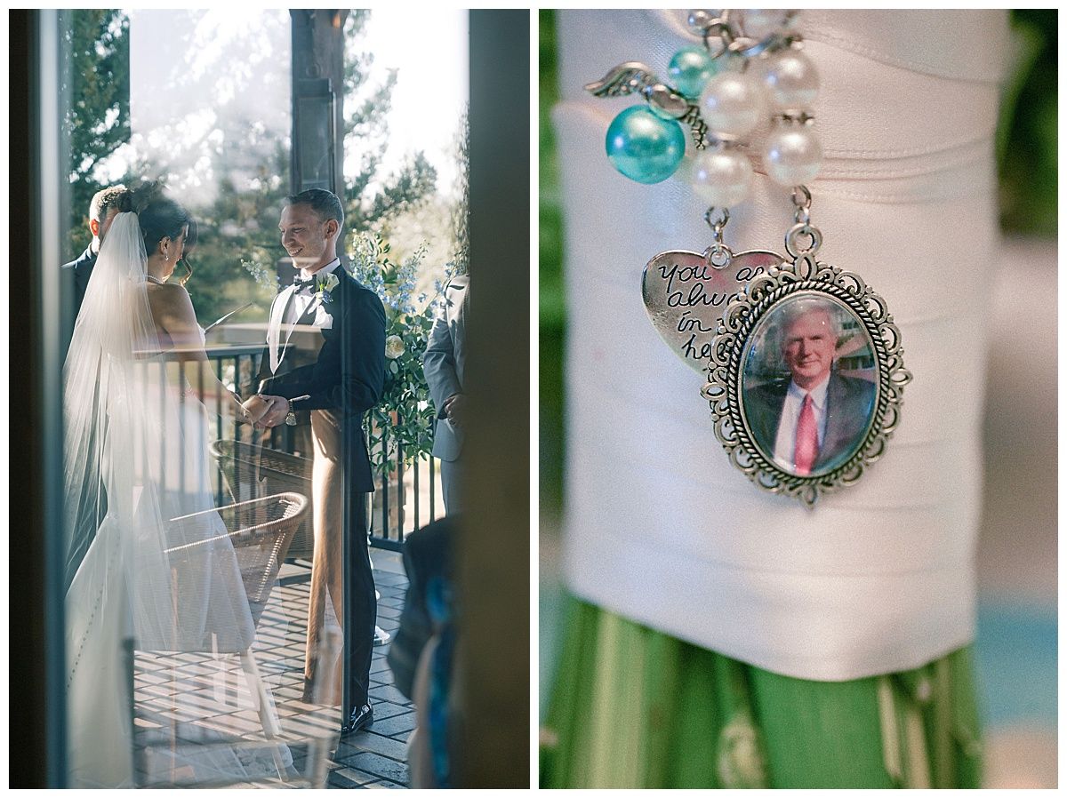 Wedding ceremony detail and vintage-style decorative pendant on display.