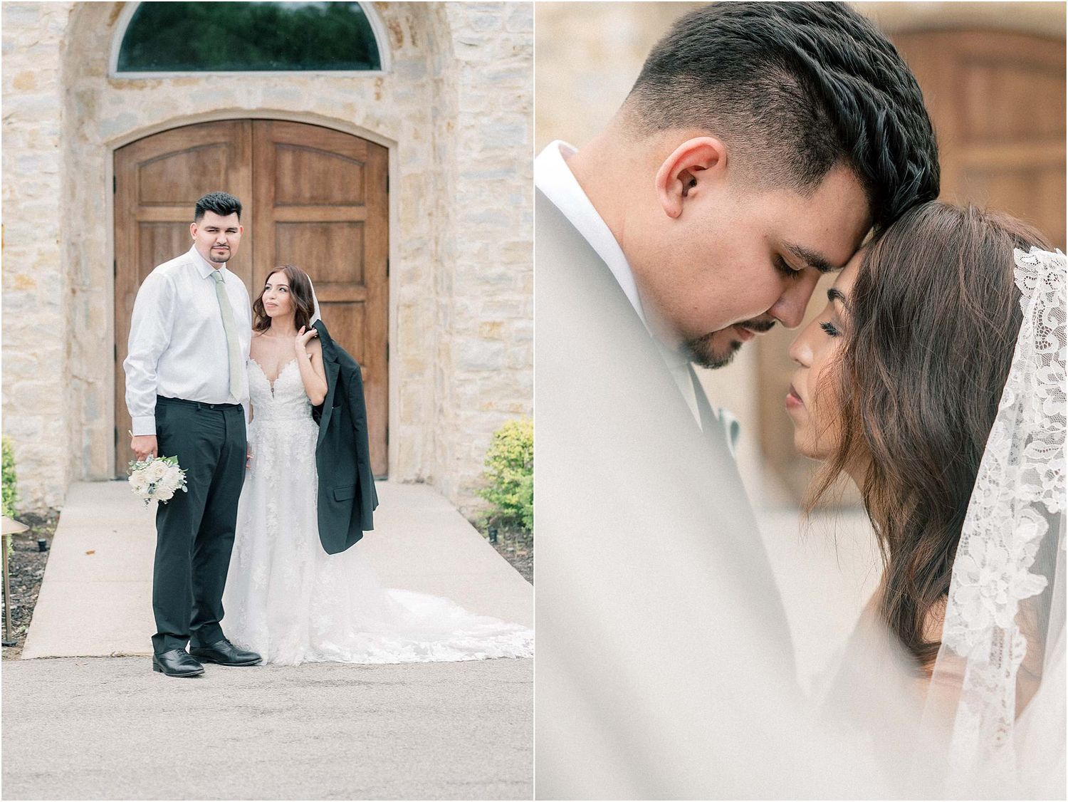 Wedding photo series showing tender moments between a couple by a stone building entrance.