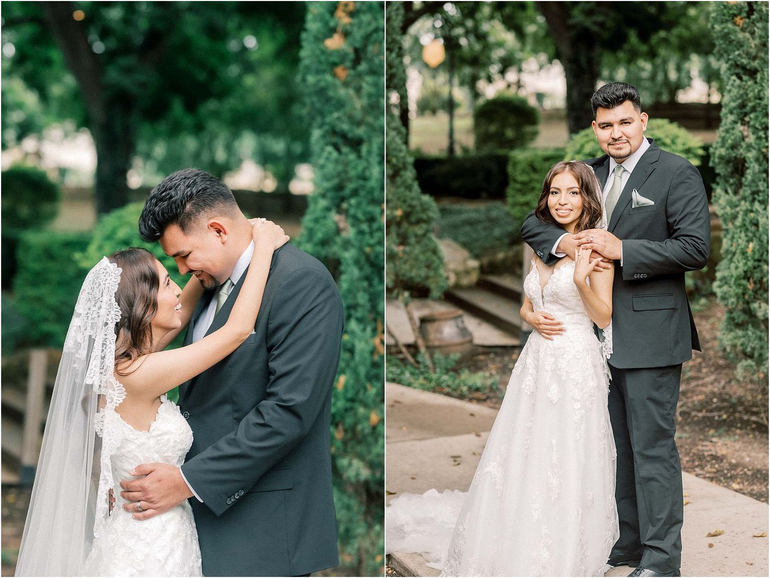 Candid wedding couple portraits captured in a serene garden setting.