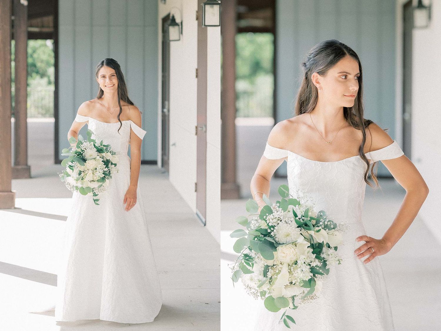 Elegant bridal portraits featuring a white off-shoulder gown and bouquet.