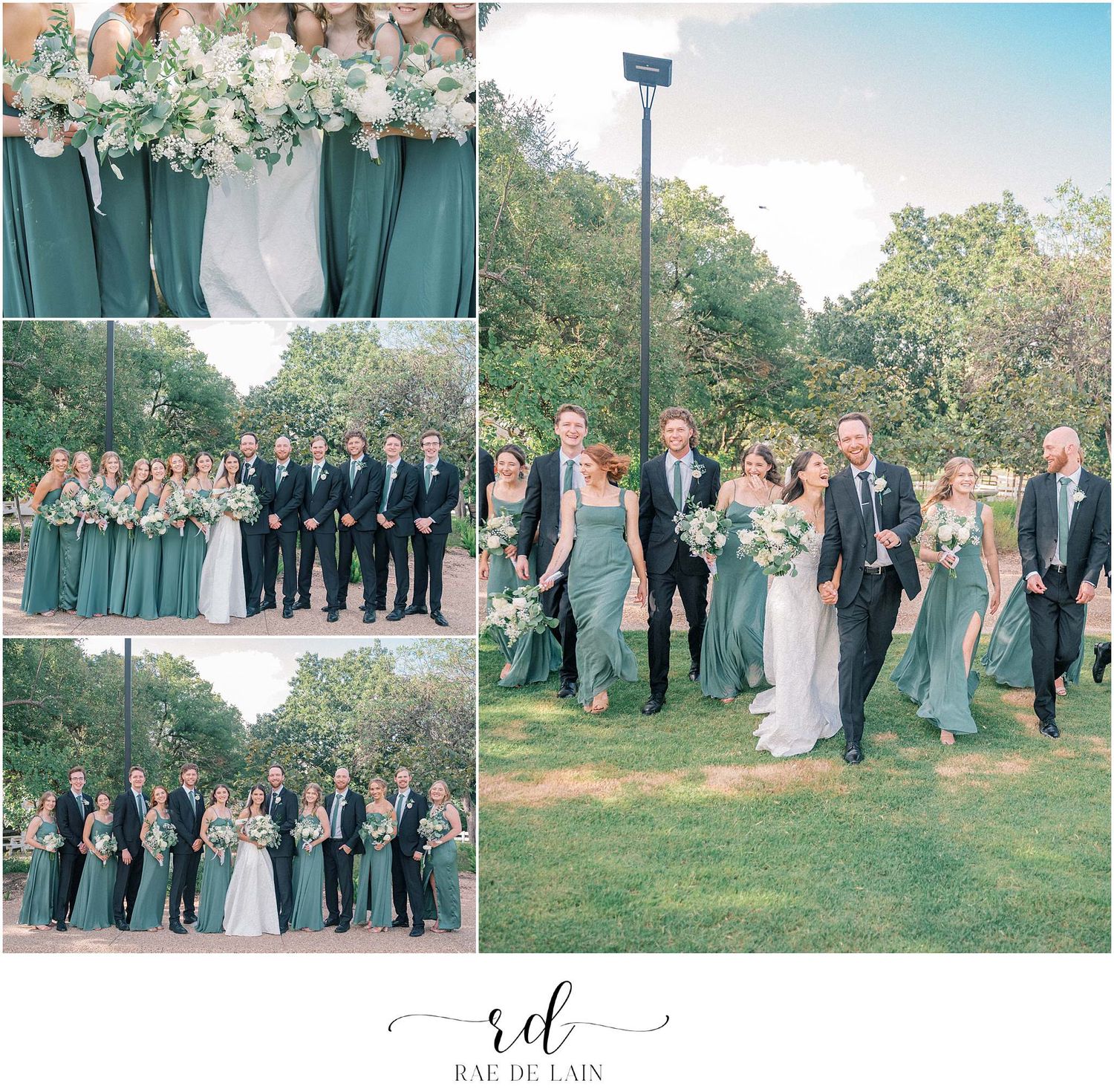 Outdoor wedding ceremony setup with floral arrangements and wedding party in sage green and navy.