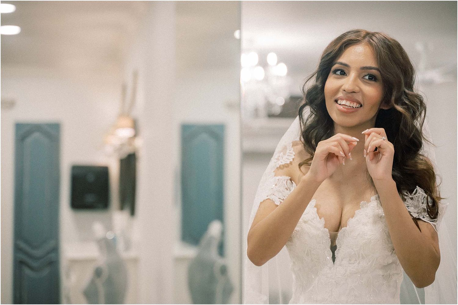 Getting ready shots showing wedding preparation details in an elegant bathroom setting.