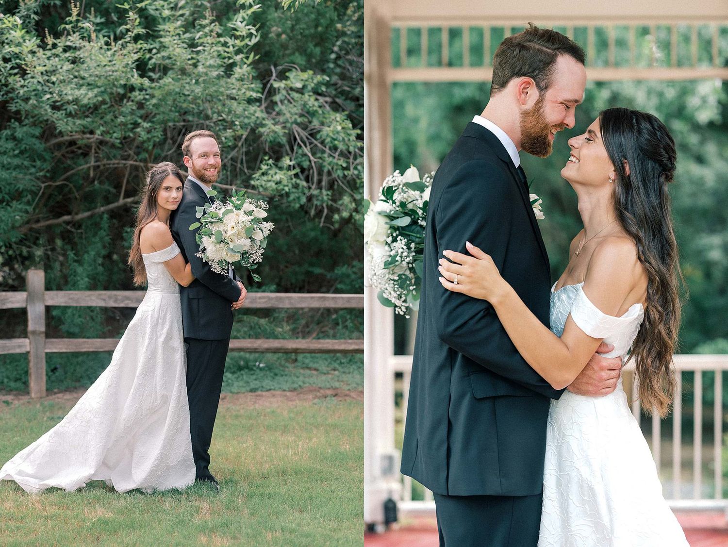 Wedding couple portraits in a garden setting with white floral bouquet and natural greenery.