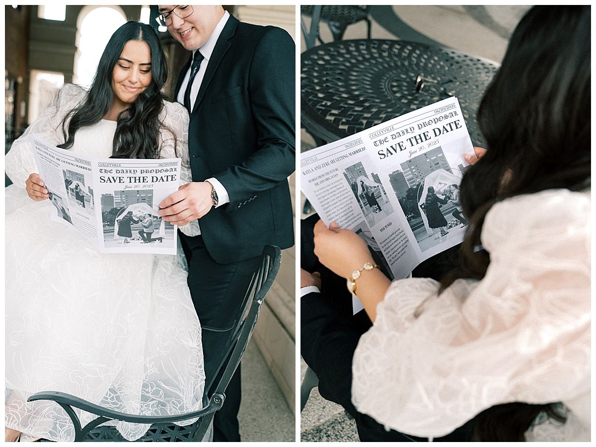 A couple reads a newspaper together while sitting on a couch in formal attire.