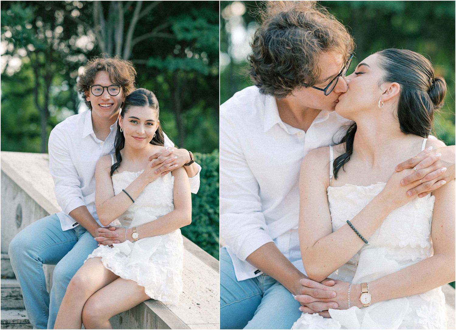 Romantic photo sequence capturing tender moments between couple in outdoor setting.