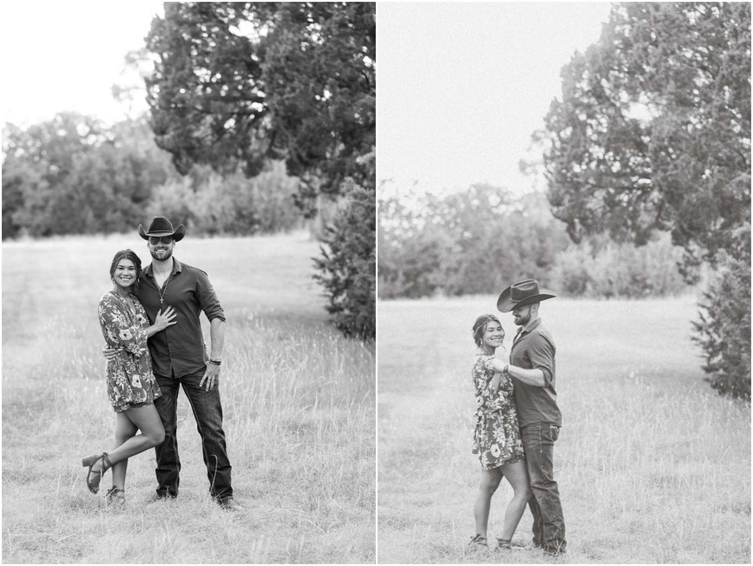 Black and white photo of a couple dancing in a rustic outdoor setting.