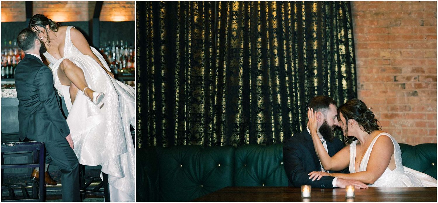 Romantic dance sequence captured in a rustic venue with brick walls and mood lighting.