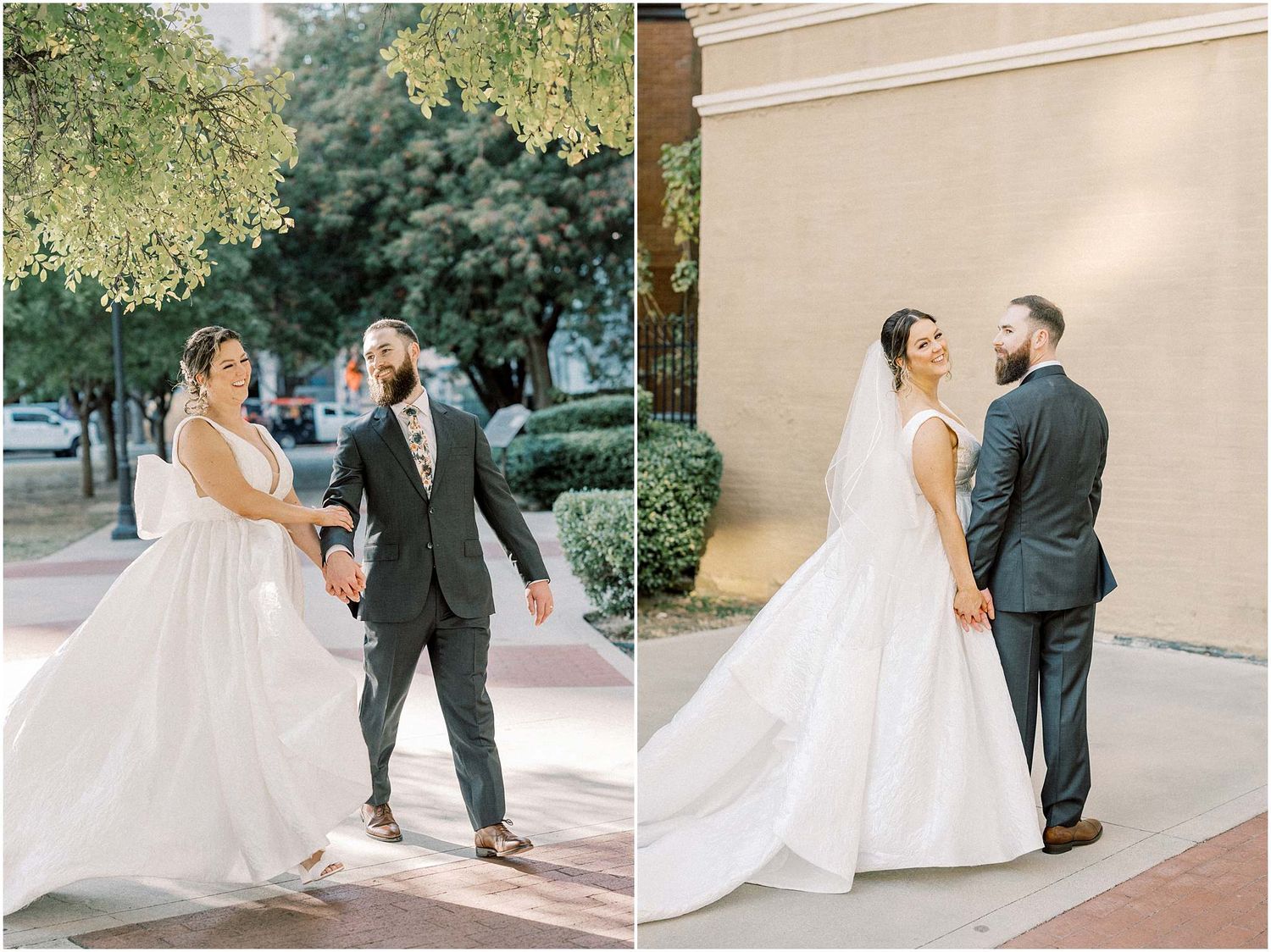 Wedding couple walking together on a tree-lined pathway in formal attire.